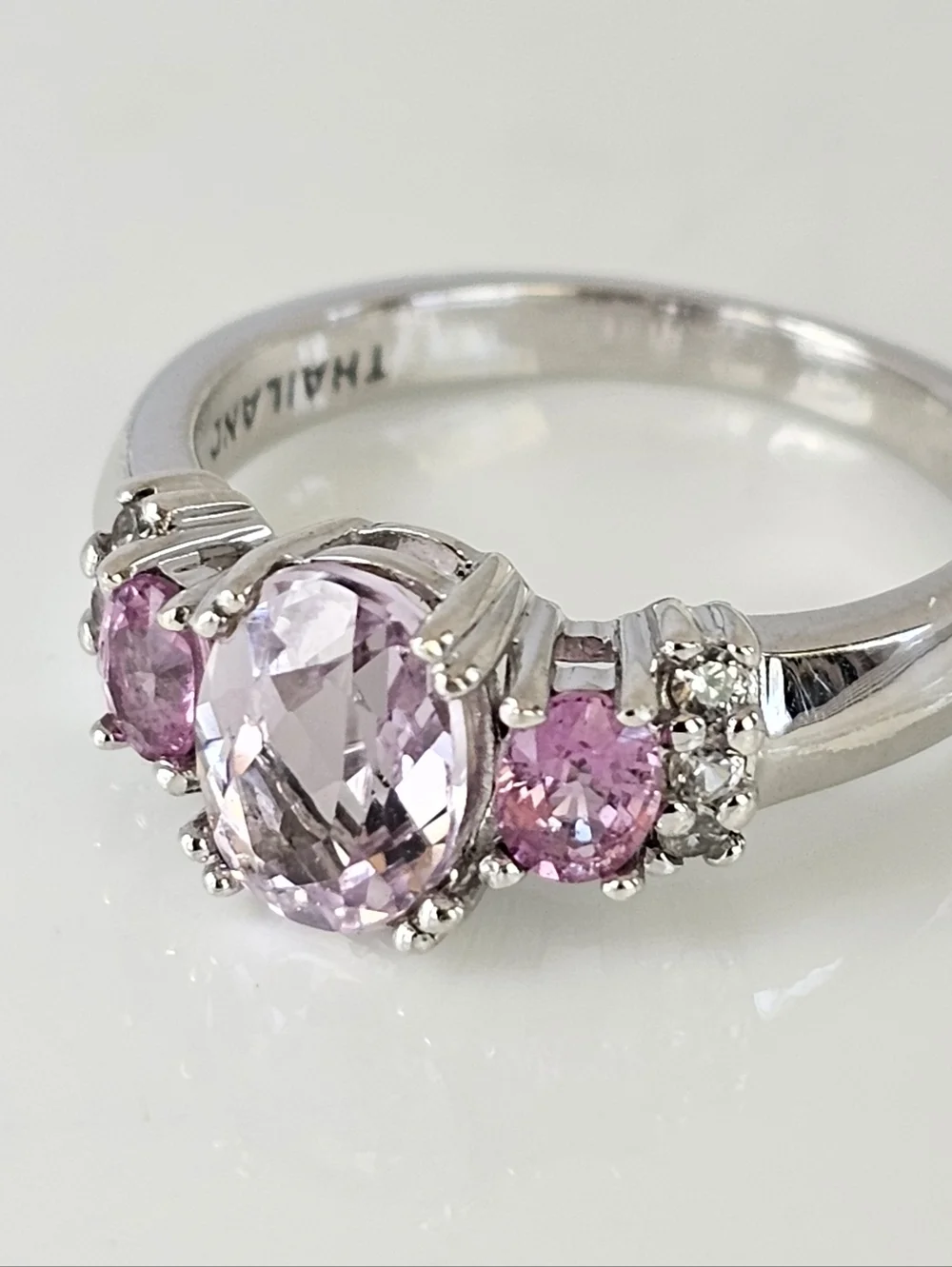Natural Kunzite & Pink Sapphire Ring Sterling Silver Rhodium Overlay Sz 7!